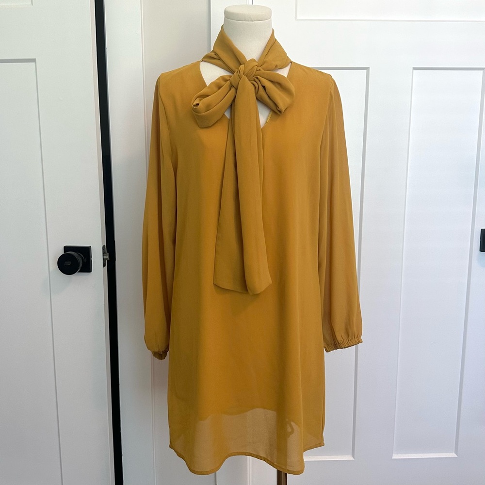 Chicwish Mustard Yellow Mini Dress with Bow at Neckline | Size S
